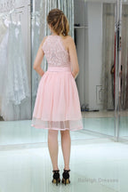 Pink A-Line Mini Lace Bridesmaid Dresses