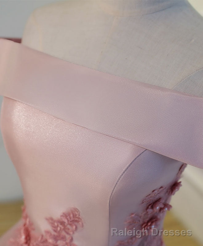 Pink A Line Off Shoulder Knee Length Prom Dress, Lace Homecoming Dresses