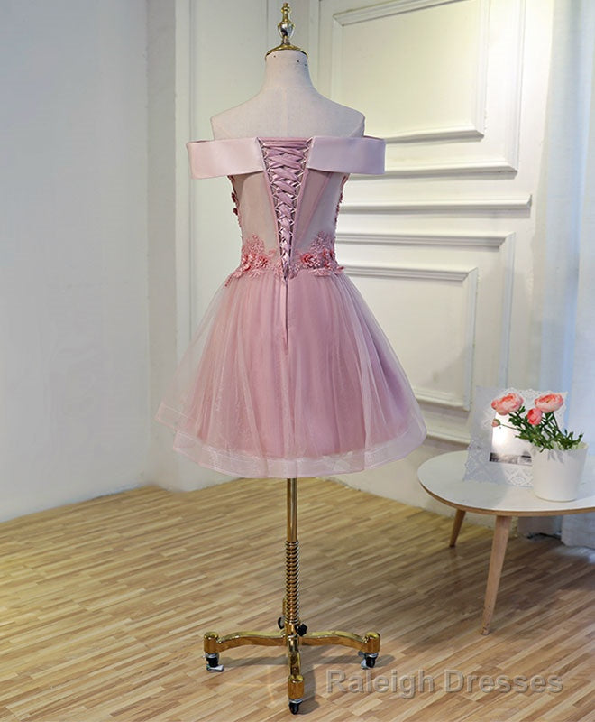 Pink A Line Off Shoulder Knee Length Prom Dress, Lace Homecoming Dresses Secondary image