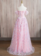 Pink A Line Off Shoulder Lace Floor Length Prom Dress, Pink Lace Prom Dress