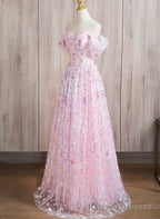 Pink A Line Off Shoulder Lace Floor Length Prom Dress, Pink Lace Prom Dress