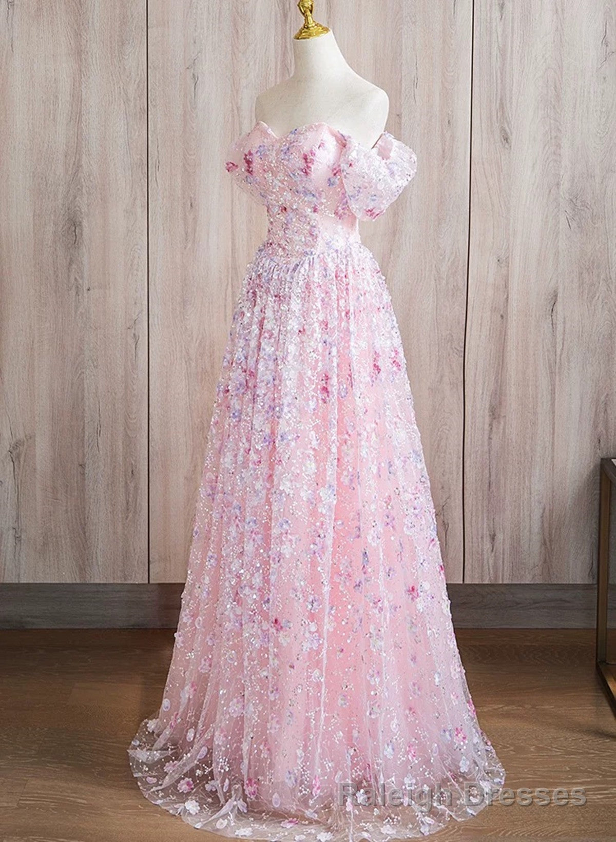 Pink A Line Off Shoulder Lace Floor Length Prom Dress, Pink Lace Prom Dress