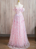 Pink A Line Off Shoulder Lace Floor Length Prom Dress, Pink Lace Prom Dress
