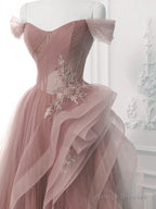 Pink A-Line Off Shoulder Long Prom Dresses Pink Lace Long Prom Dresses