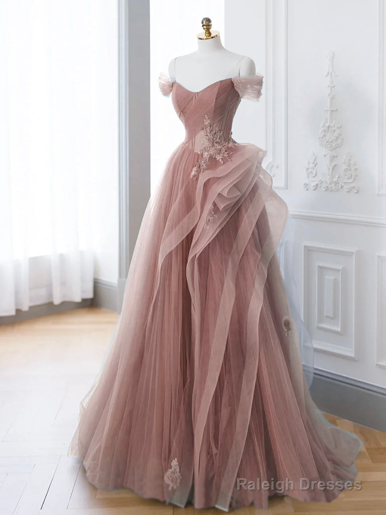 Pink A-Line Off Shoulder Long Prom Dresses Pink Lace Long Prom Dresses