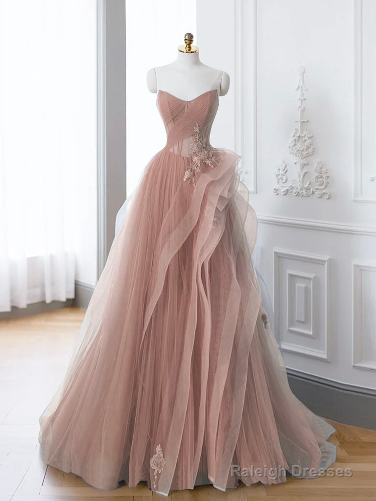 Pink A-Line Off Shoulder Long Prom Dresses Pink Lace Long Prom Dresses Main image