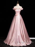 Pink A-Line Off Shoulder Satin Long Prom Dress, Beautiful A-Line Off The Shoulder Party Dress