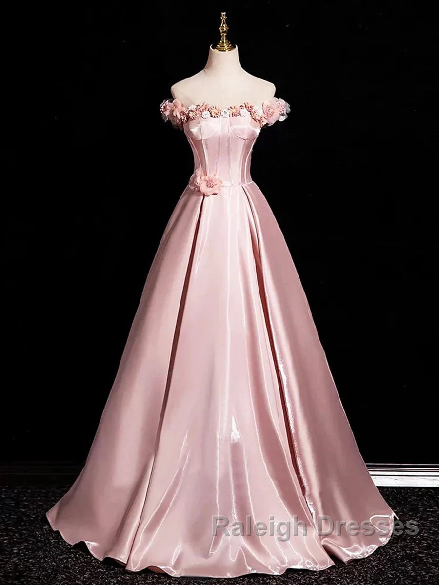 Pink A-Line Off Shoulder Satin Long Prom Dresses Beautiful A-Line Off The Shoulder Prom Dresses