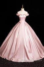 Pink A-Line Off Shoulder Satin Long Prom Dresses Beautiful A-Line Off The Shoulder Prom Dresses