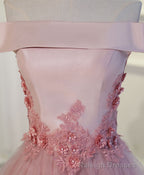Pink A Line Off Shoulder Tea Length Prom Dress, Lace Homecoming Dresses