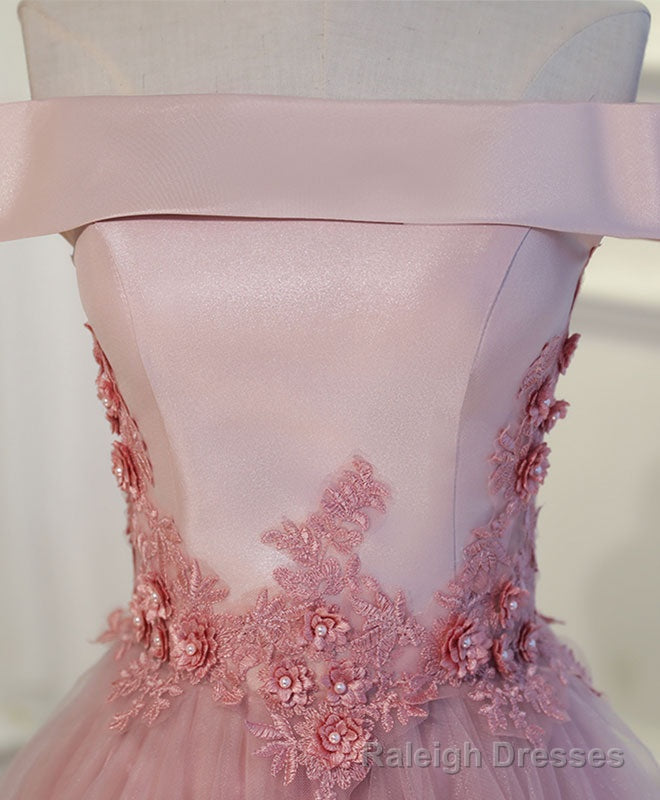 Pink A Line Off Shoulder Tea Length Prom Dress, Lace Homecoming Dresses