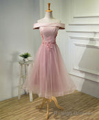 Pink A Line Off Shoulder Tea Length Prom Dress, Lace Homecoming Dresses