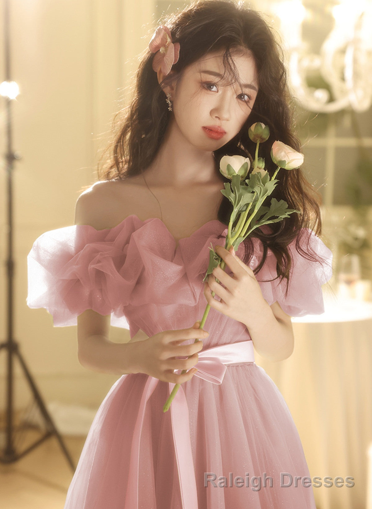 Pink A Line Off Shoulder Tulle Prom Dress, Pink Tulle Prom Dress