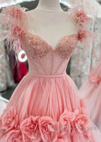 Pink A-Line Off The Shoulder Lace Tulle Long Prom Dresses Sweet 16 Dresses