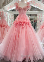 Pink A-Line Off The Shoulder Lace Tulle Long Prom Dress, Sweet 16 Dress
