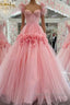Pink A-Line Off The Shoulder Lace Tulle Long Prom Dresses Sweet 16 Dresses