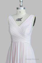Pink A Line Pleated V Neck Long Chiffon Bridesmaid Dresses