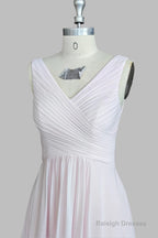 Pink A-Line Pleated V Neck Long Chiffon Bridesmaid Dresses