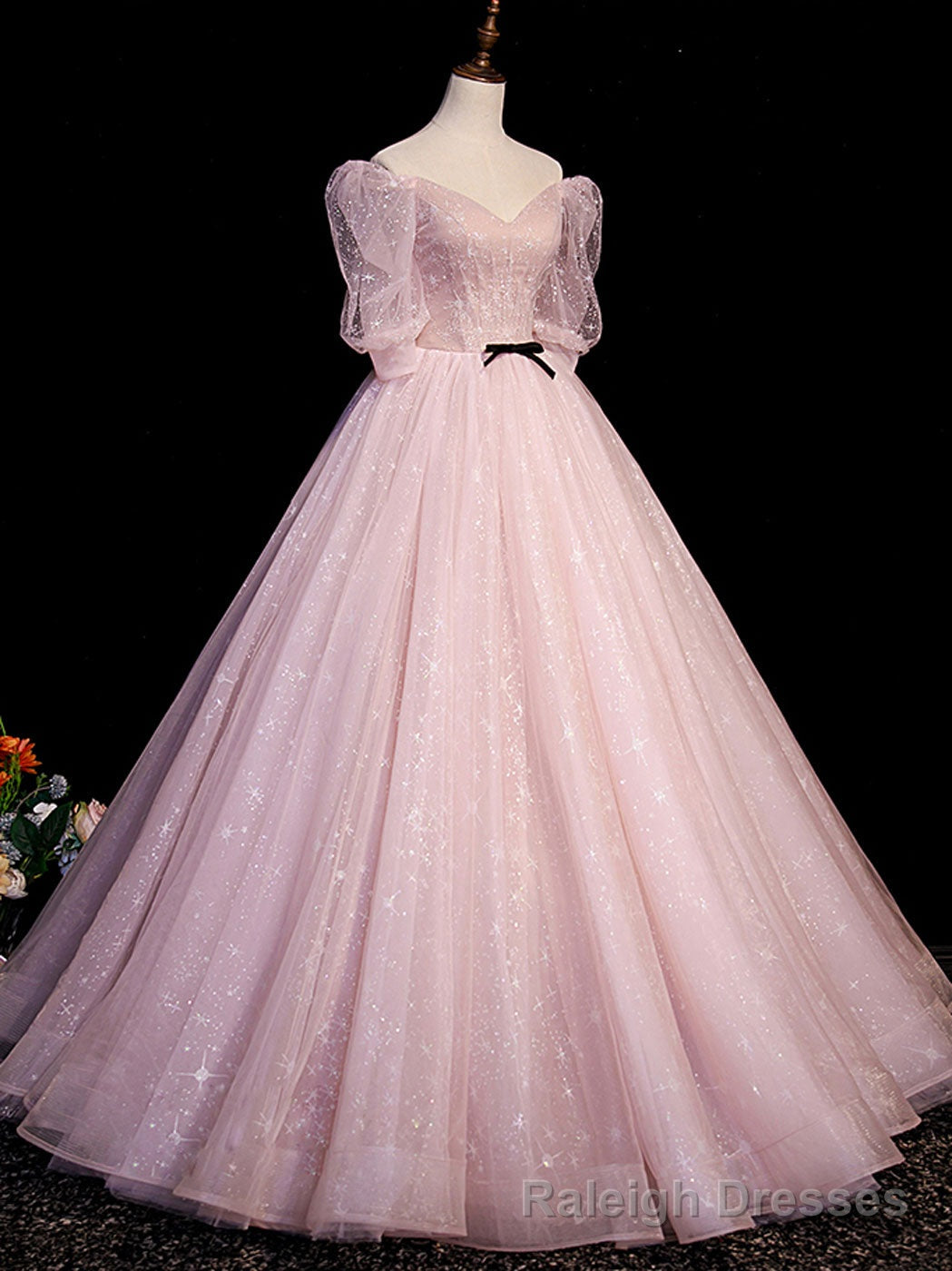 Pink A Line Puffy Sleeves Tulle Long Prom Dress, Pink Sweet 16 Dress Main image