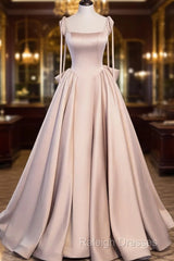 Pink A Line Satin Long Prom Dress Formal Evening Dresses