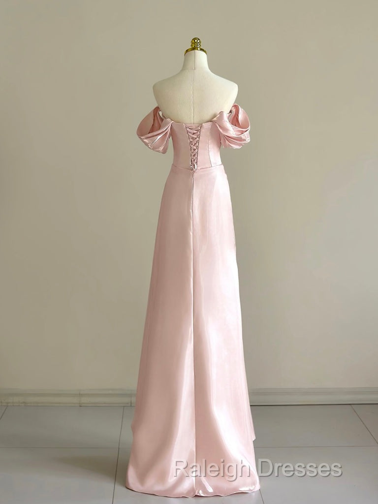 Pink A-Line Satin Long Prom Dresses Off Shoulder Pink Long Prom Dresses Secondary image