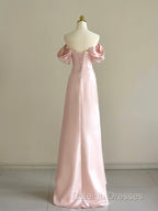 Pink A-Line Satin Long Prom Dresses Off Shoulder Pink Long Prom Dresses