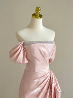 Pink A-Line Satin Long Prom Dress, Off Shoulder Pink Long Evening Dress