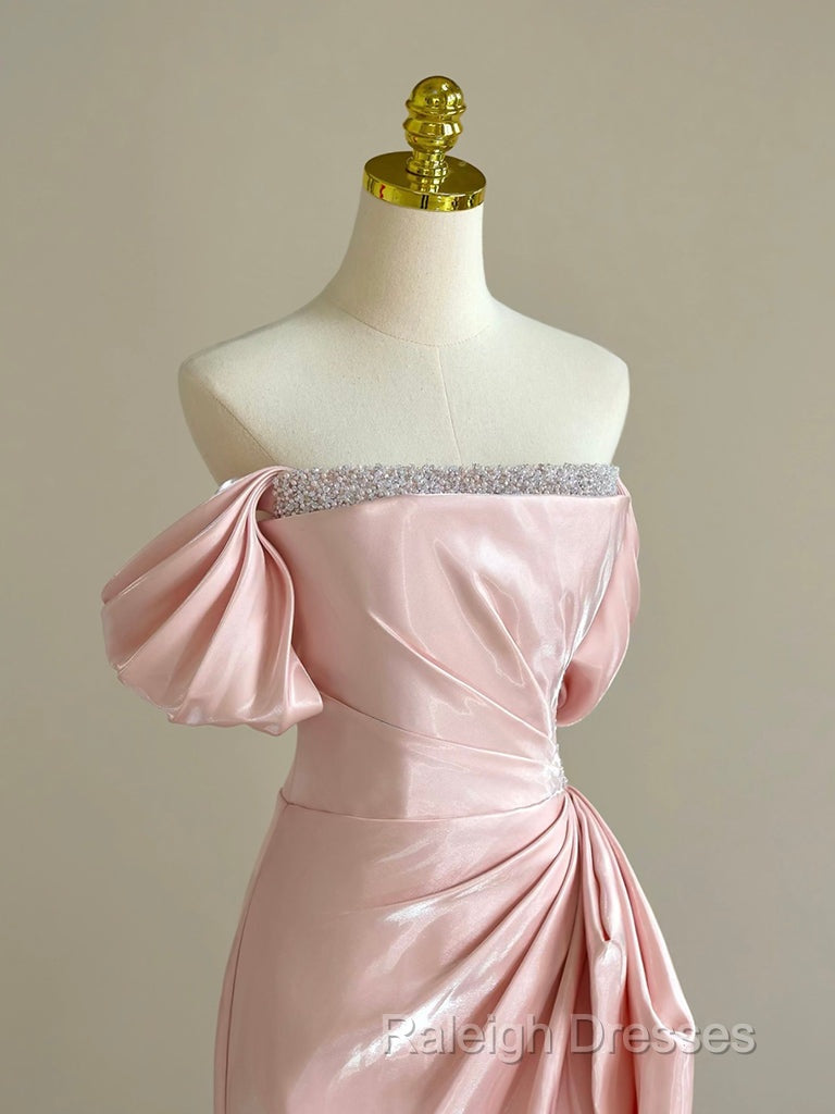 Pink A-Line Satin Long Prom Dresses Off Shoulder Pink Long Prom Dresses