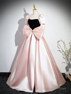 Pink A-Line Satin Long Prom Dresses Pink Long Prom Dresses