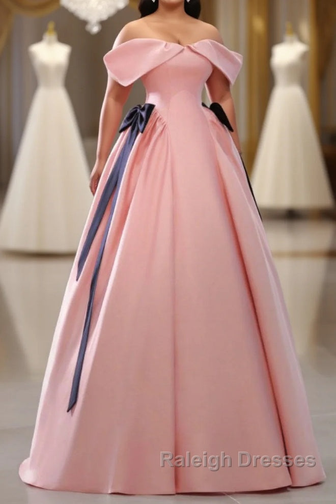 Pink A-Line Satin Off Shoulder Long Prom Dress, Pink Formal Evening Dresses Main image