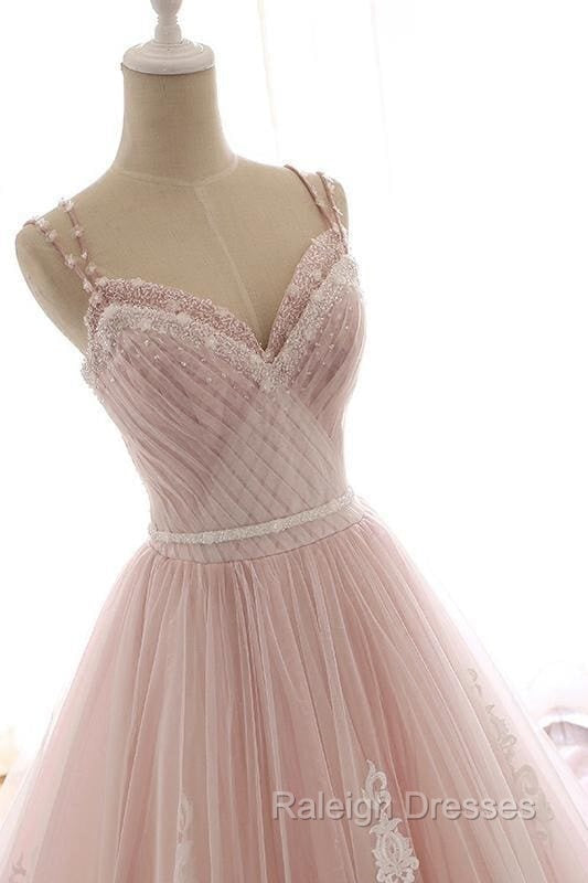 Pink A Line Spaghetti Strap Tulle Beaded Long Prom Dress Sweet Applique Wedding Dress