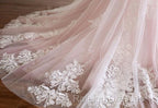 Pink A Line Spaghetti Strap Tulle Beaded Long Prom Dress Sweet Applique Wedding Dress