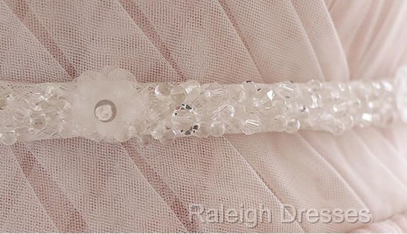 Pink A Line Spaghetti Strap Tulle Beaded Long Prom Dress Sweet Applique Wedding Dress