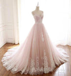 Pink A Line Spaghetti Strap Tulle Beaded Long Prom Dress Sweet Applique Wedding Dress