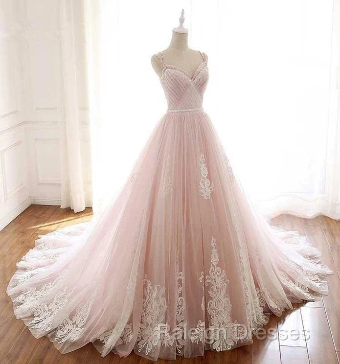 Pink A Line Spaghetti Strap Tulle Beaded Long Prom Dress Sweet Applique Wedding Dress