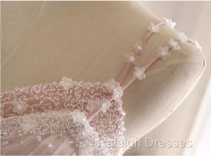 Pink A Line Spaghetti Strap Tulle Beaded Long Prom Dress Sweet Applique Wedding Dress