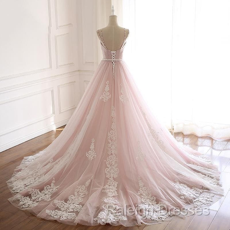 Pink A Line Spaghetti Strap Tulle Beaded Long Prom Dress Sweet Applique Wedding Dress