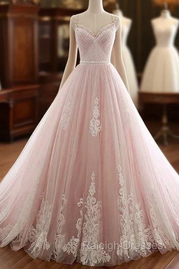 Pink A Line Spaghetti Strap Tulle Beaded Long Prom Dress Sweet Applique Wedding Dress Main image