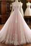 Pink A Line Spaghetti Strap Tulle Beaded Long Prom Dress Sweet Applique Wedding Dress