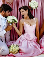 Pink A-Line Spaghetti Straps Appliques Satin Prom Dresses Long Prom Dresses