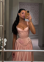 Pink A-Line Spaghetti Straps Appliques Satin Prom Dresses Long Prom Dresses