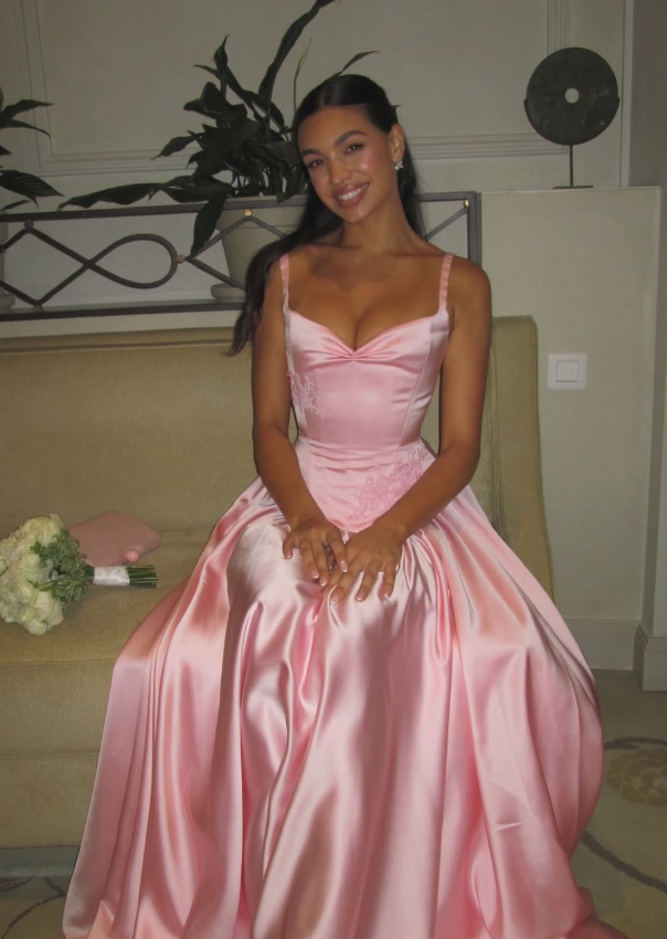 Pink A-Line Spaghetti Straps Appliques Satin Prom Dresses Long Prom Dresses