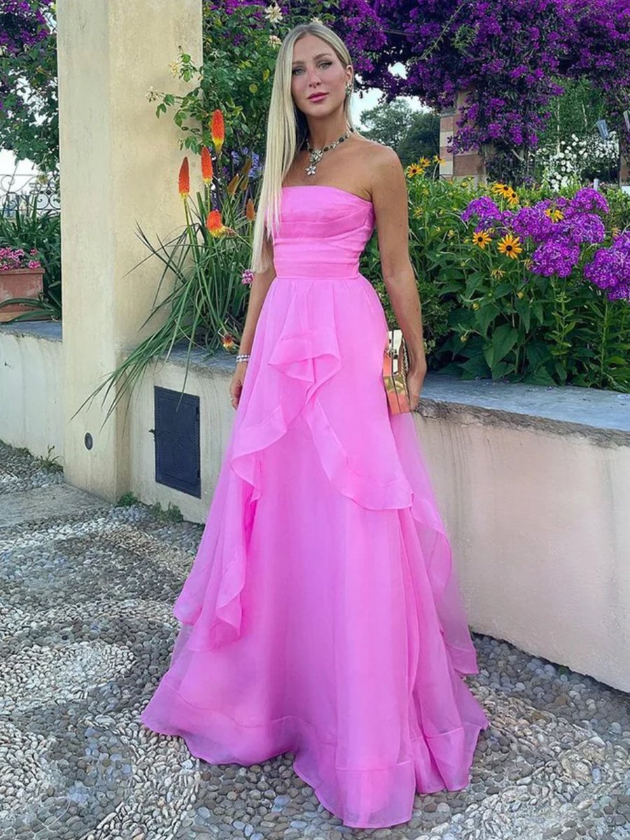 Pink A Line Strapless Organza Prom Dres Secondary image