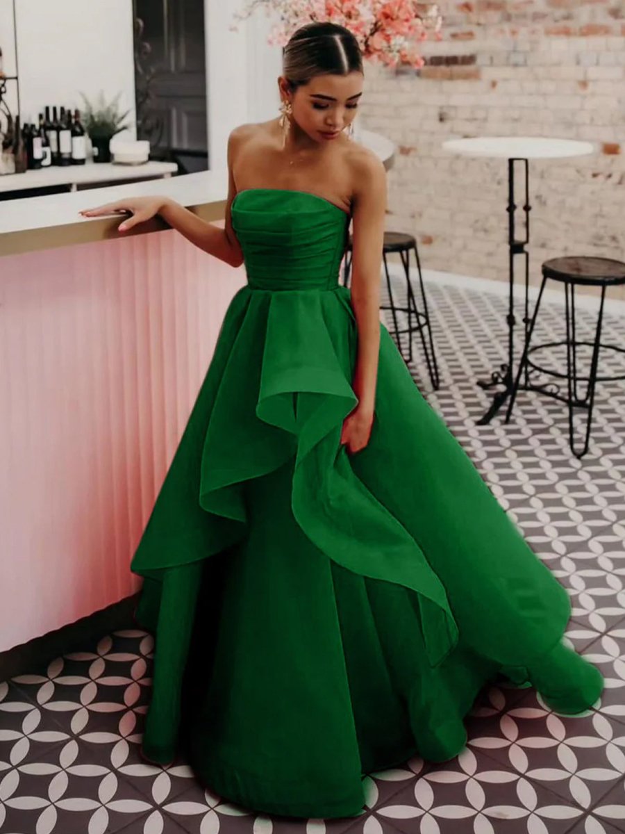 Pink A Line Strapless Organza Prom Dres