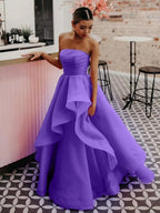 Pink A Line Strapless Organza Prom Dres