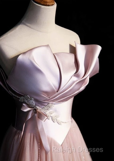 Pink A-Line Strapless Satin Tulle Long Prom Dress Graduation Prom Birthday Dress Secondary image