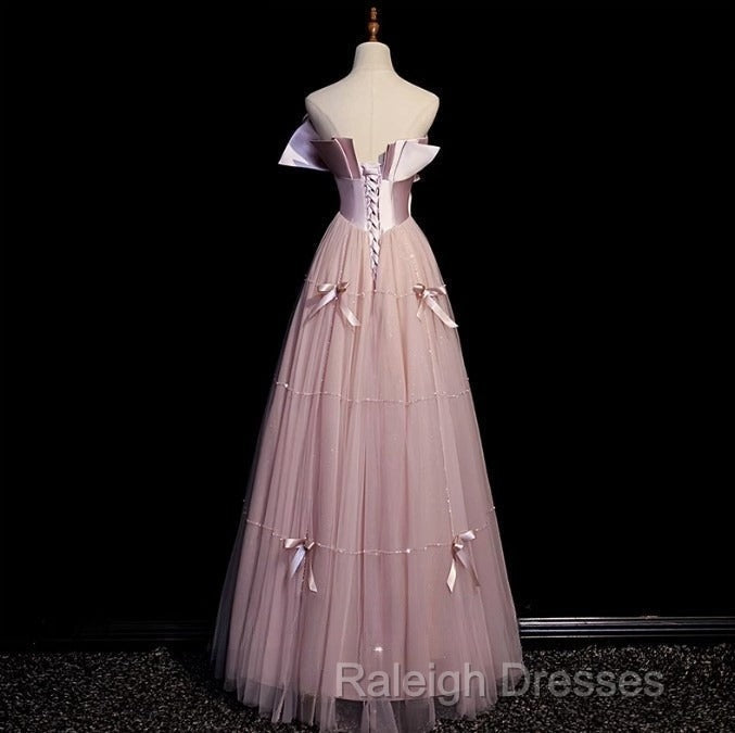 Pink A-Line Strapless Satin Tulle Prom Dresses Long Graduation Prom Birthday Dresses