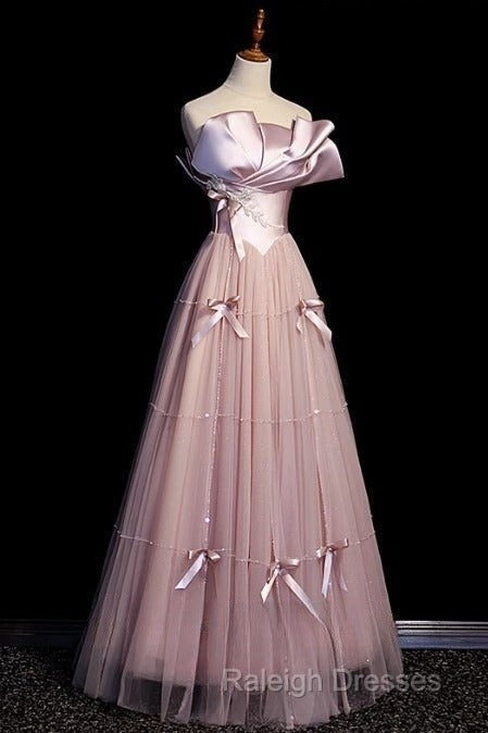 Pink A-Line Strapless Satin Tulle Prom Dresses Long Graduation Prom Birthday Dresses