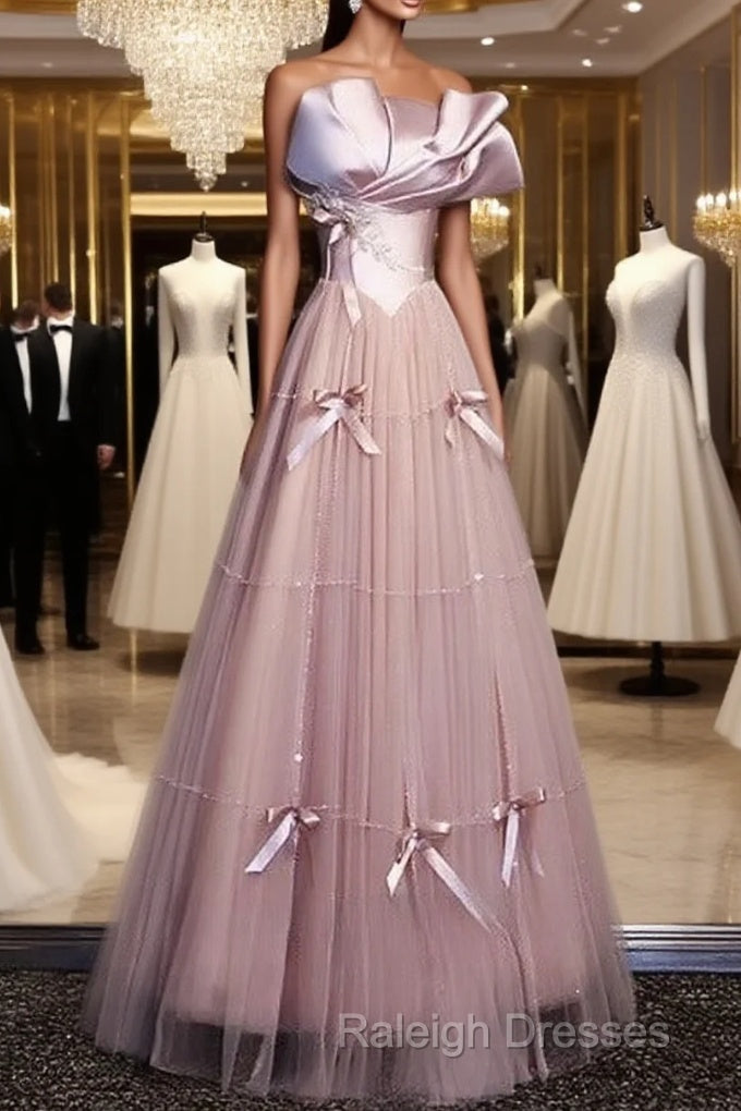 Pink A-Line Strapless Satin Tulle Long Prom Dress Graduation Prom Birthday Dress Main image