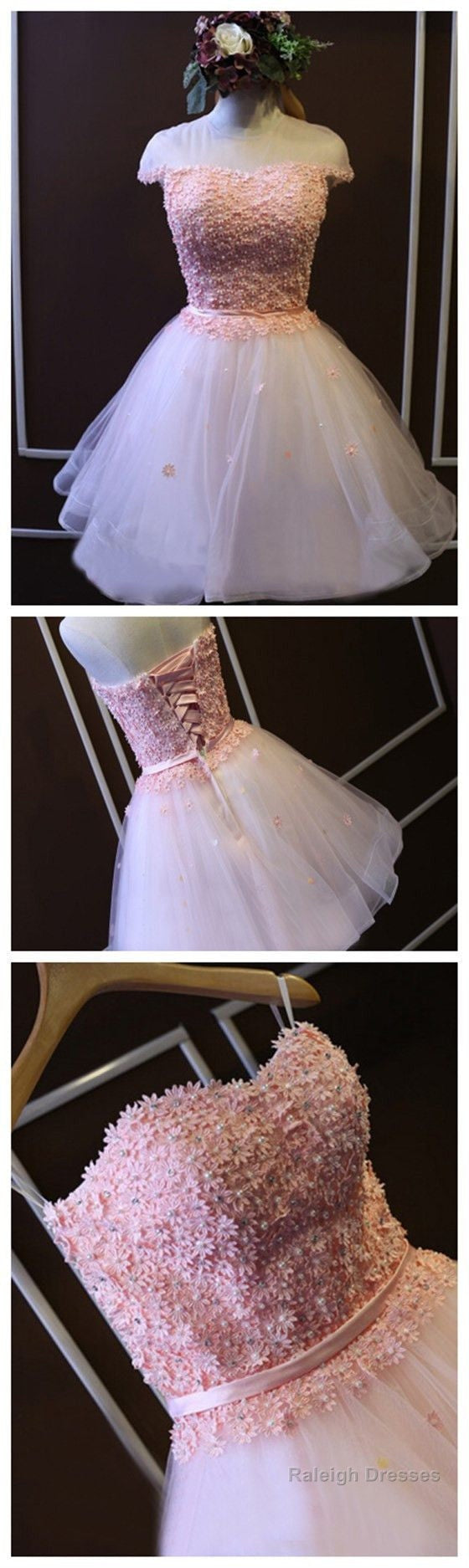 Pink  A-Line Strapless Sweetheart  Lace Beads Flower Appliques Lace Up Back Tulle Above Knee Length Homecoming Dress